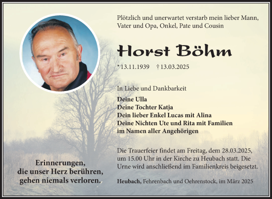 Traueranzeige von Horst Böhm von Südthüringer Presse