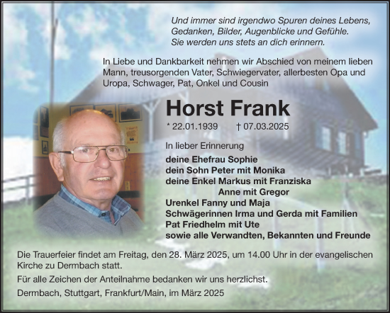 Traueranzeige von Horst Frank von Südthüringer Presse