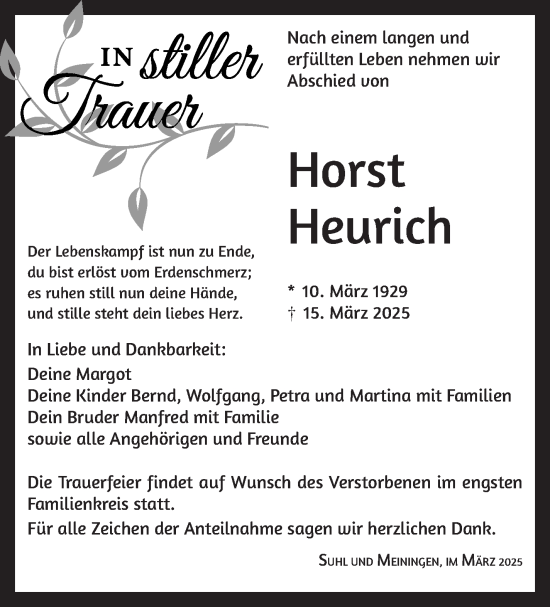 Traueranzeige von Horst Heurich von Südthüringer Presse