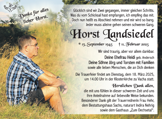 Traueranzeige von Horst Landsiedel von Südthüringer Presse