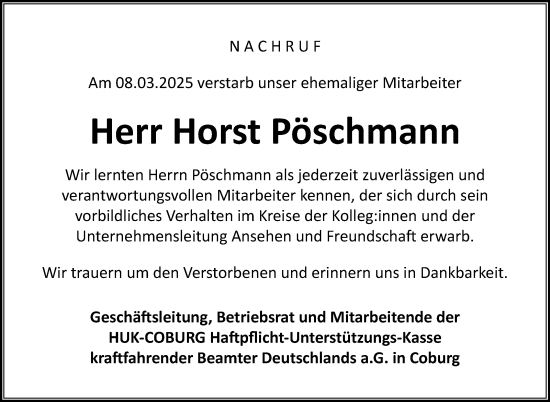 Traueranzeige von Horst Pöschmann von Neue Presse Coburg