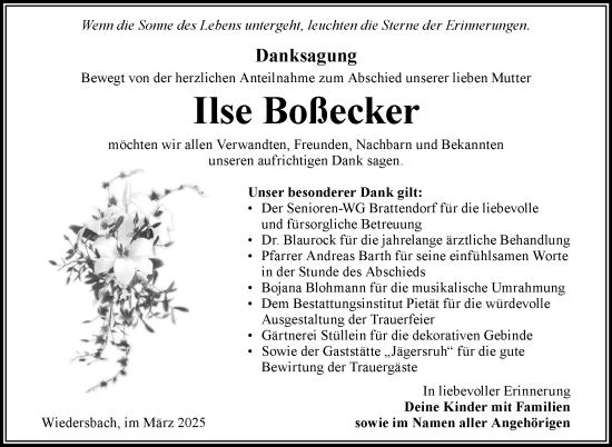 Traueranzeige von Ilse Boßecker von Südthüringer Presse