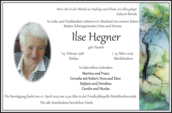 Traueranzeige von Ilse Hegner von Frankenpost