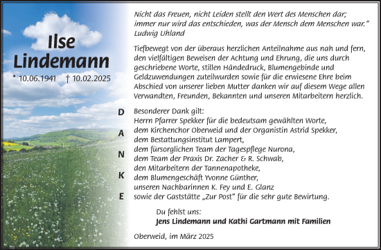 Traueranzeige von Ilse Lindemann von Südthüringer Presse