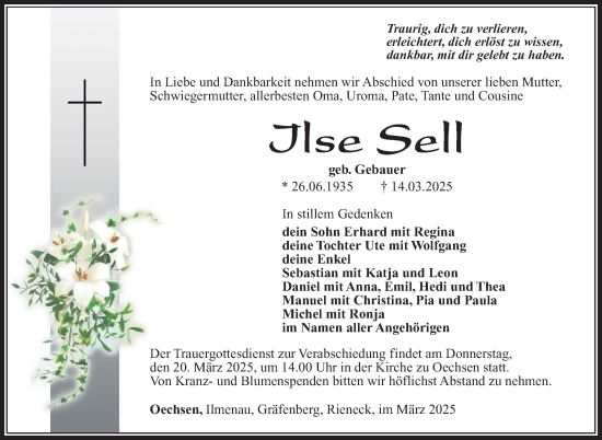 Traueranzeige von Ilse Sell von Südthüringer Presse