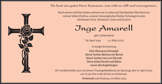 Traueranzeige von Inge Amarell von Südthüringer Presse