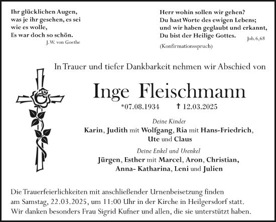 Traueranzeige von Inge Fleischmann von Neue Presse Coburg