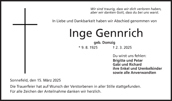 Traueranzeige von Inge Gennrich von Neue Presse Coburg