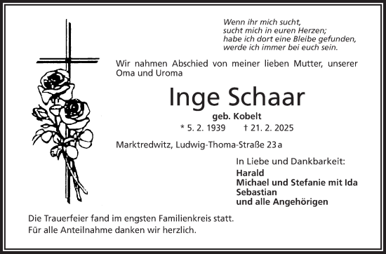 Traueranzeige von Inge Schaar von Frankenpost