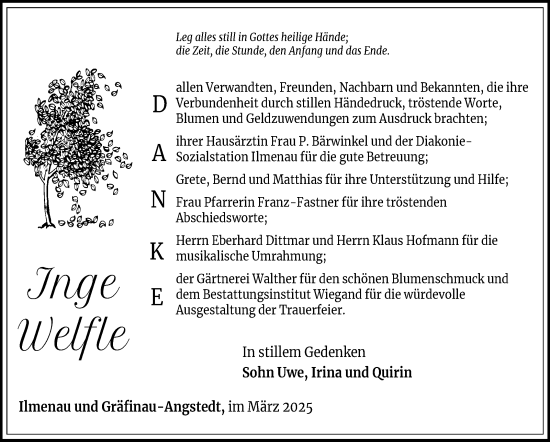 Traueranzeige von Inge Welfle von Südthüringer Presse