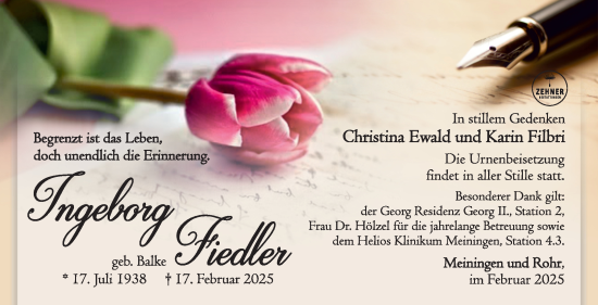 Traueranzeige von Ingeborg Fiedler von Südthüringer Presse