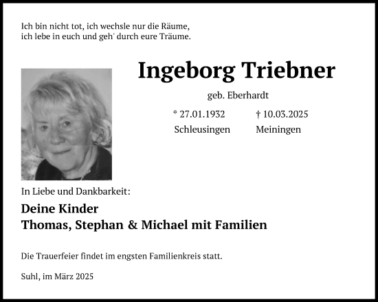 Traueranzeige von Ingeborg Triebner von Südthüringer Presse