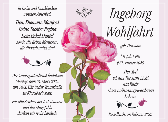 Traueranzeige von Ingeborg Wohlfahrt von Südthüringer Presse