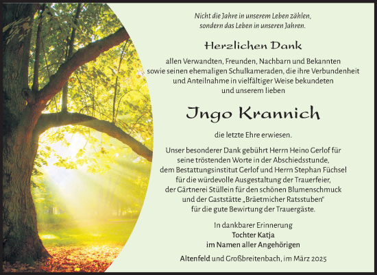 Traueranzeige von Ingo Krannich von Südthüringer Presse