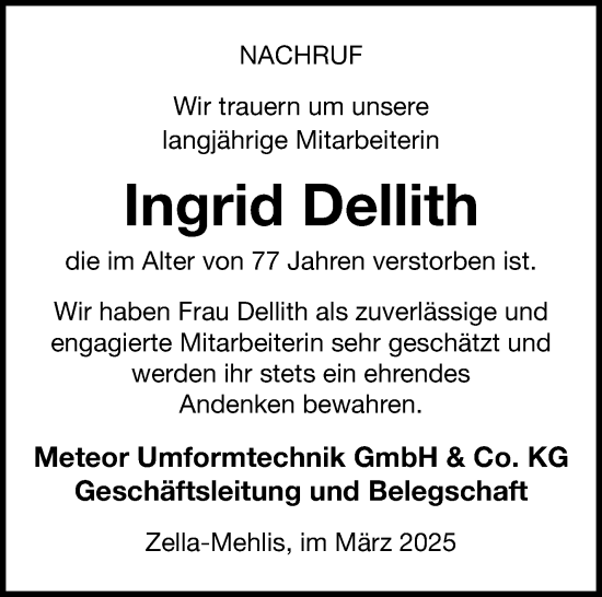 Traueranzeige von Ingrid Dellith von Südthüringer Presse