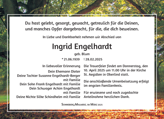 Traueranzeige von Ingrid Engelhardt von Südthüringer Presse
