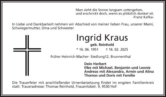 Traueranzeige von Ingrid Kraus von Frankenpost
