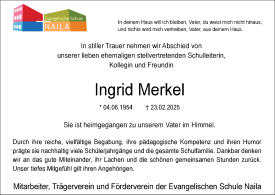 Traueranzeige von Ingrid Merkel von Frankenpost