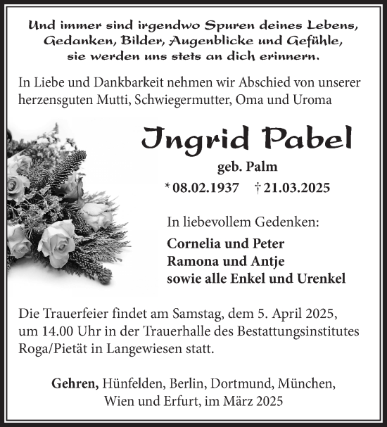 Traueranzeige von Ingrid Pabel von Südthüringer Presse