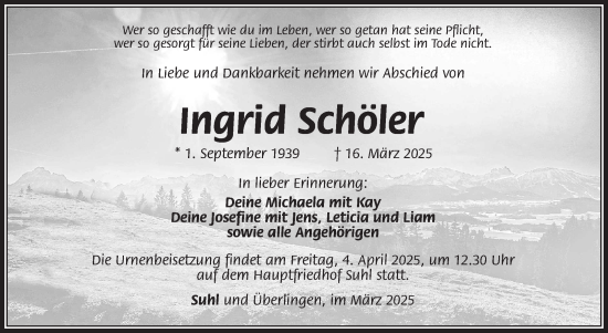 Traueranzeige von Ingrid Schöler von Südthüringer Presse