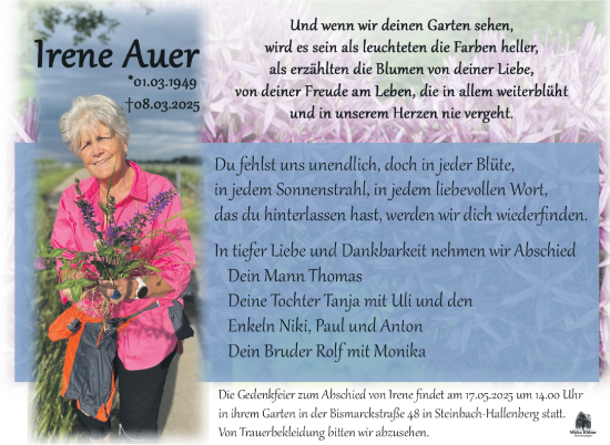 Traueranzeige von Irene Auer von Südthüringer Presse