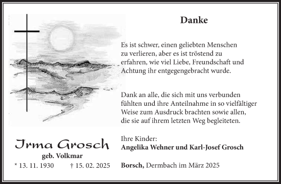 Traueranzeige von Irma Grosch von Südthüringer Presse