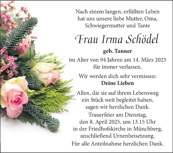 Traueranzeige von Irma Schödel von Frankenpost