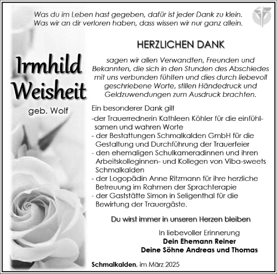 Traueranzeige von Irmhild Weisheit von Südthüringer Presse