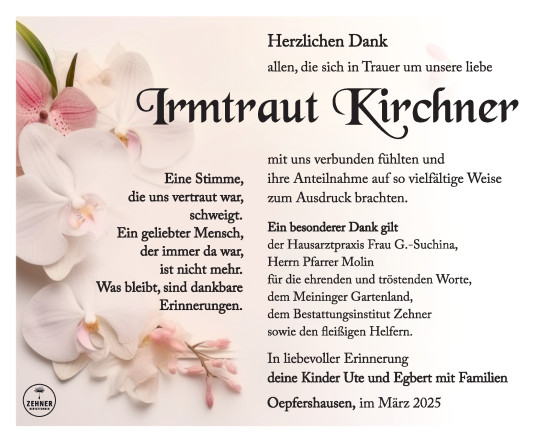 Traueranzeige von Irmtraud Kirchner von Südthüringer Presse