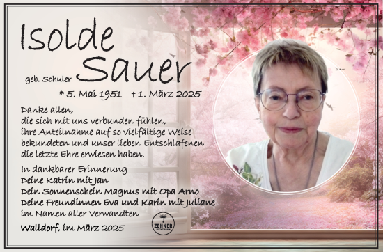Traueranzeige von Isolde Sauer von Südthüringer Presse