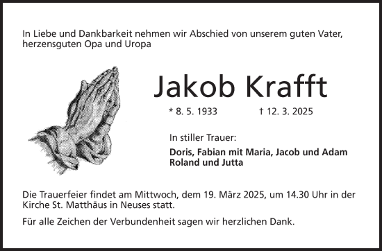Traueranzeige von Jakob Krafft von Neue Presse Coburg
