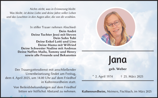 Traueranzeige von Jana  von Südthüringer Presse