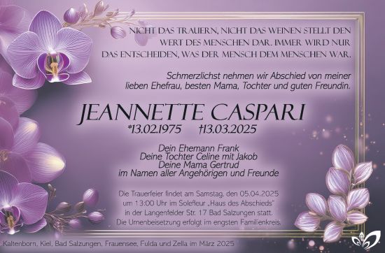 Traueranzeige von Jeannette Caspari von Südthüringer Presse