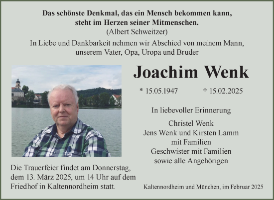 Traueranzeige von Joachim Wenk von Südthüringer Presse
