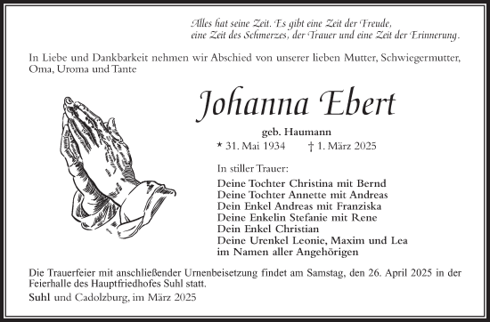 Traueranzeige von Johanna Ebert von Südthüringer Presse