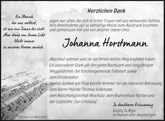 Traueranzeige von Johanna Horstmann von Südthüringer Presse