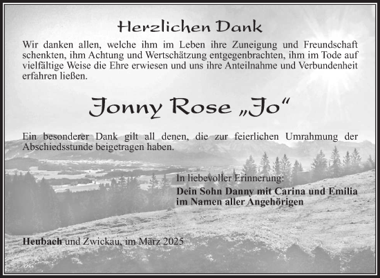 Traueranzeige von Jonny Rose von Südthüringer Presse