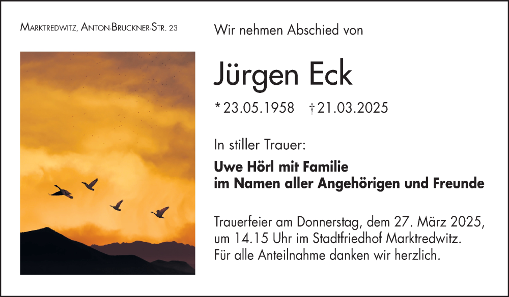  Traueranzeige für Jürgen Eck vom 22.03.2025 aus Frankenpost