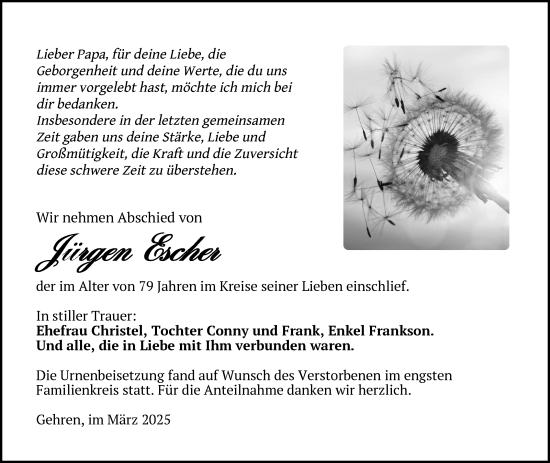 Traueranzeige von Jürgen Escher von Südthüringer Presse