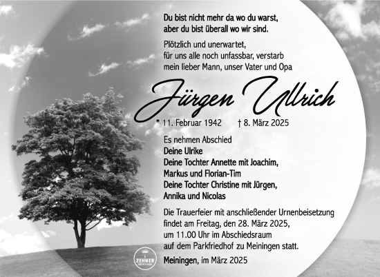 Traueranzeige von Jürgen Ullrich von Südthüringer Presse