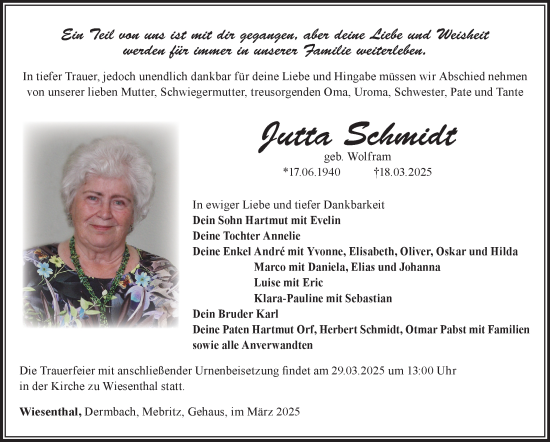 Traueranzeige von Jutta Schmidt von Südthüringer Presse