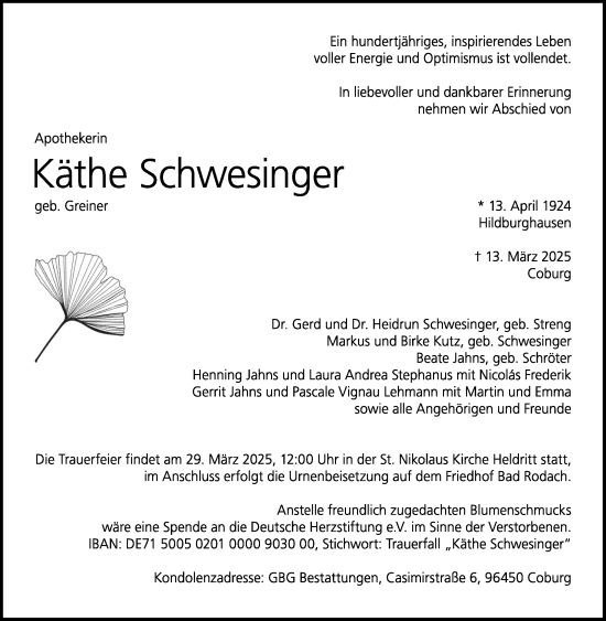 Traueranzeige von Käthe Schwesinger von Neue Presse Coburg