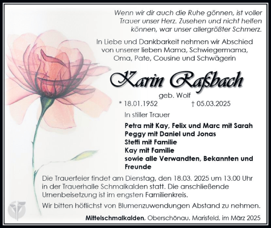 Traueranzeige von Karin Raßbach von Südthüringer Presse