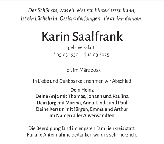 Traueranzeige von Karin Saalfrank von Frankenpost