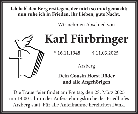 Traueranzeige von Karl Fürbringer von Frankenpost