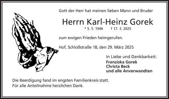 Traueranzeige von Karl-Heinz Gorek von Frankenpost
