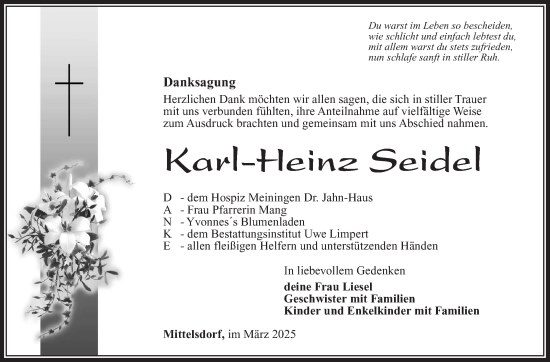 Traueranzeige von Karl-Heinz Seidel von Südthüringer Presse