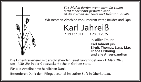 Traueranzeige von Karl Jahreiß von Frankenpost
