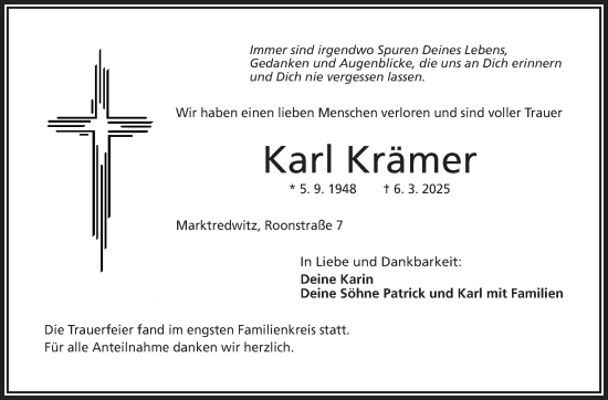 Traueranzeige von Karl Krämer von Frankenpost