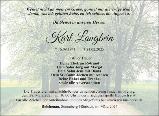 Traueranzeige von Karl Langbein von Südthüringer Presse